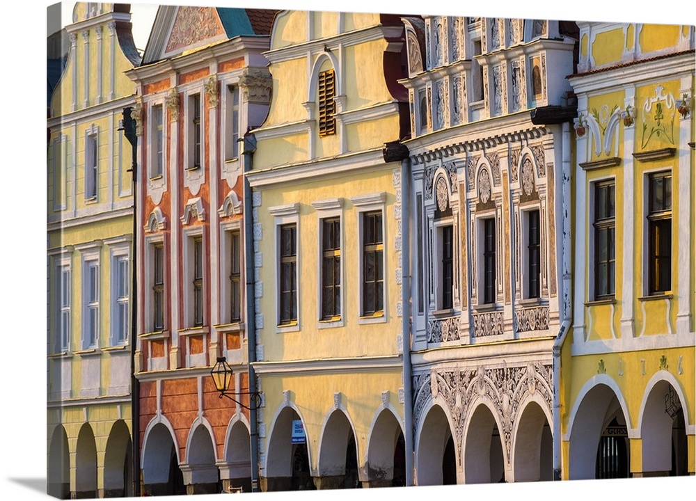 Czech Republic, Vysocina Region, Telc. Facades of Renaissance and Baroque houses on Namesti Zachariase z Hradce.