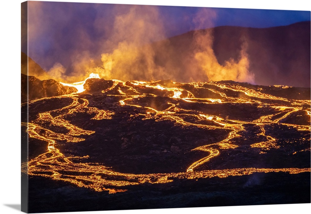 Fagradalsfjall volcano eruption at night, Geldingadalir, Reykjanes Peninsula, Iceland.