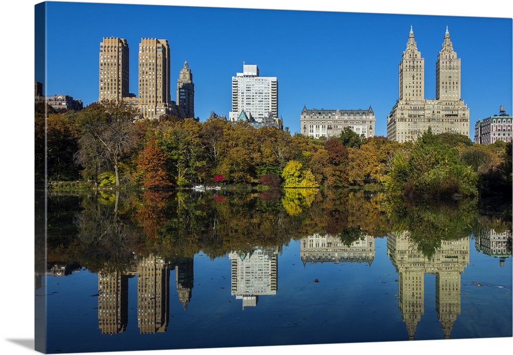 Fall foliage at Central Park with Upper West Side behind, Manhattan, New York, USA.