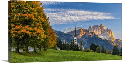 First Light On Sassolungo In Autumn, Dolomites, Italy