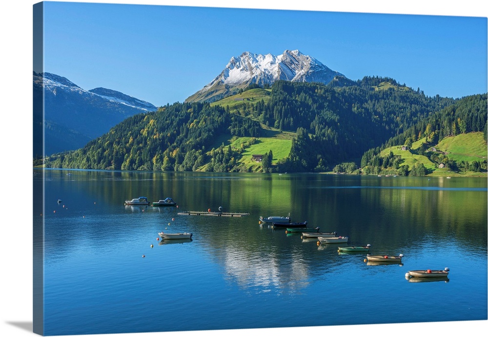 Fisher Boats On Lake Wagital With Fluebrig Mountain In The Glarner Alps At Fall, Innerthal, Schwyz, Switzerland