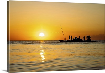 Fishermen Returning Home On Dhow At Sunset,, Indian Ocean, Zanzibar, Tanzania