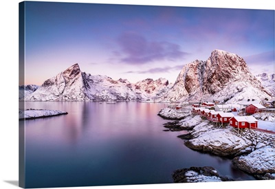 Fishing Village Of Hamnoy And Snowy Mountains, Lofoten Islands, Norway
