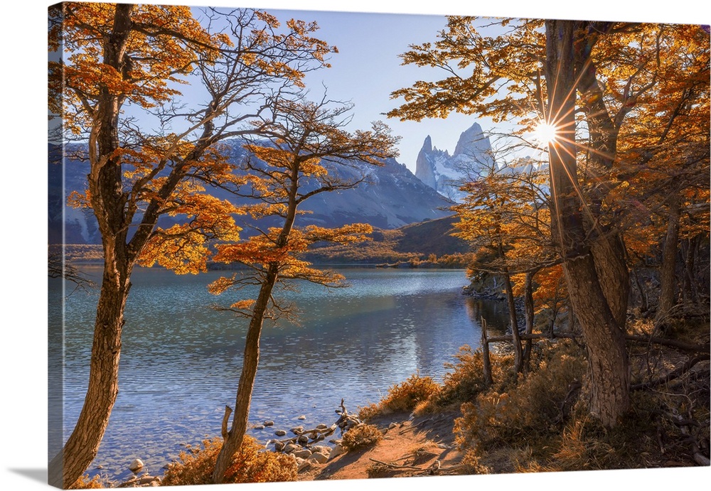 Fitzroy mountain at sunset reflecting in the Laguna Capri lake near El Chalten, Patagonia, Argentina