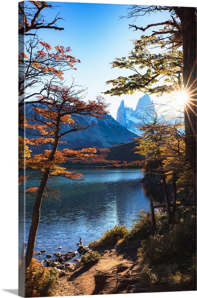 Fitzroy mountain at sunset reflecting in the Laguna Capri lake near El Chalten, Patagonia, Argentina
