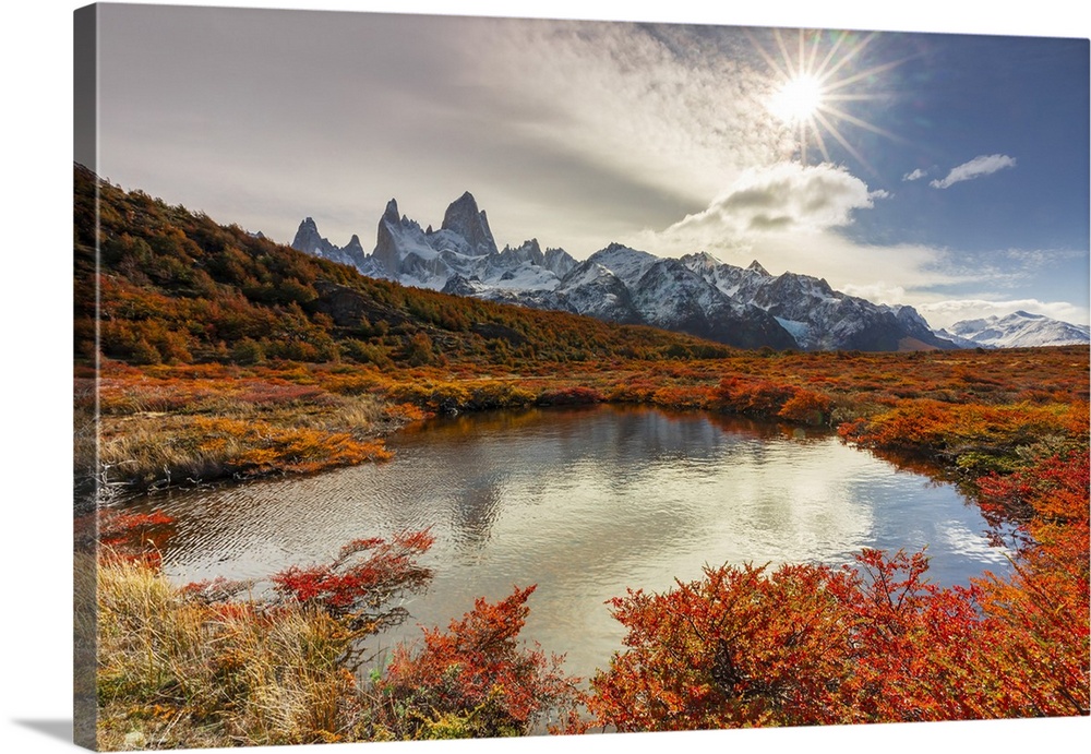 Fitzroy mountain near El Chalten reflecting in a pond in the Los Glacier National Park, Patagonia, Argentina