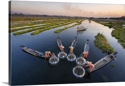 Five Traditional Fishermen Fishing Together Using Conical Nets, Lake Inle, Myanmar