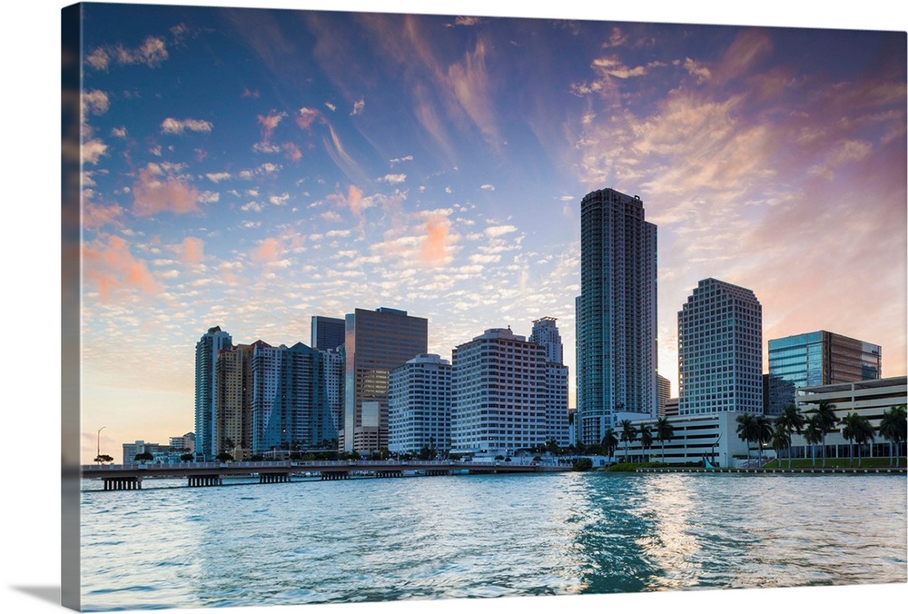 USA, Florida, Miami, city skyline from Brickell Key, dusk