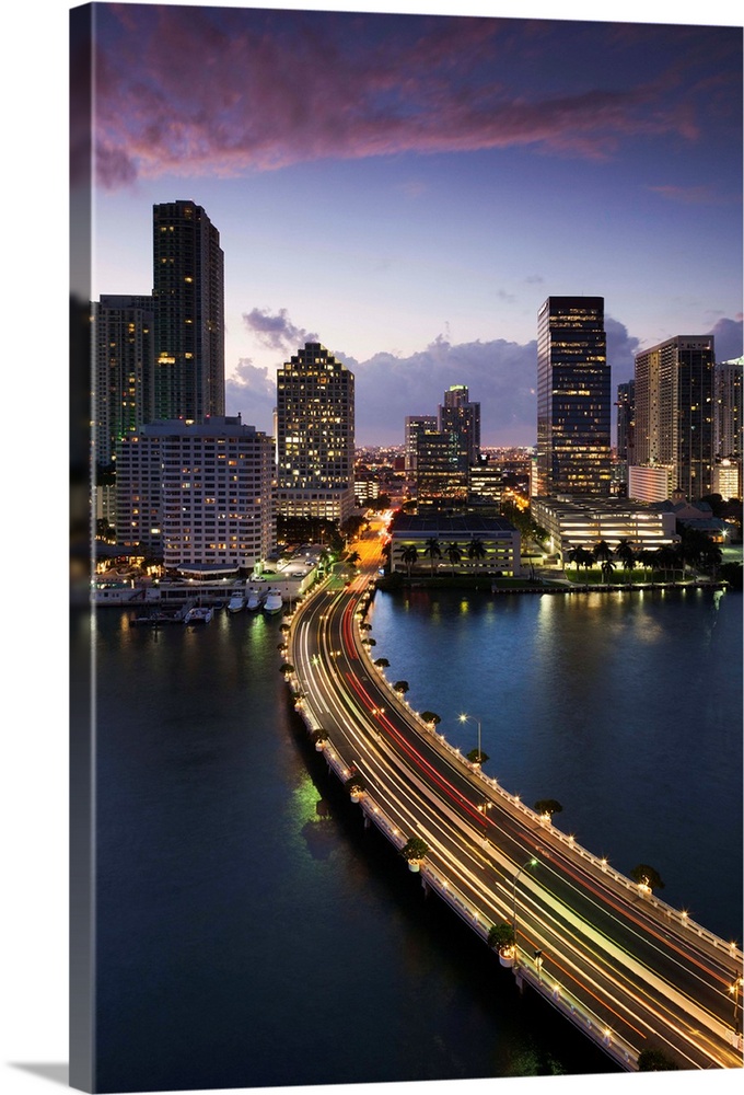 USA, Florida, Miami, elevated city skyline from Brickell Key, evening