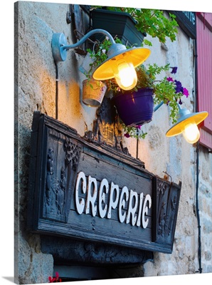 France, Brittany, Finistere, Quimper, Old Town, Creperie Sign At Dusk