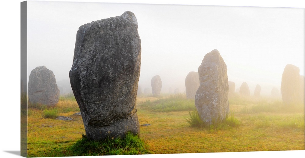 France, Brittany, Morbihan, Carnac, megalithic menhir alignments of Menec in fog.
