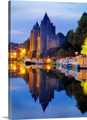 France, Brittany, Morbihan, Josselin, Chateau De Rohan Castle On The Oust River At Night