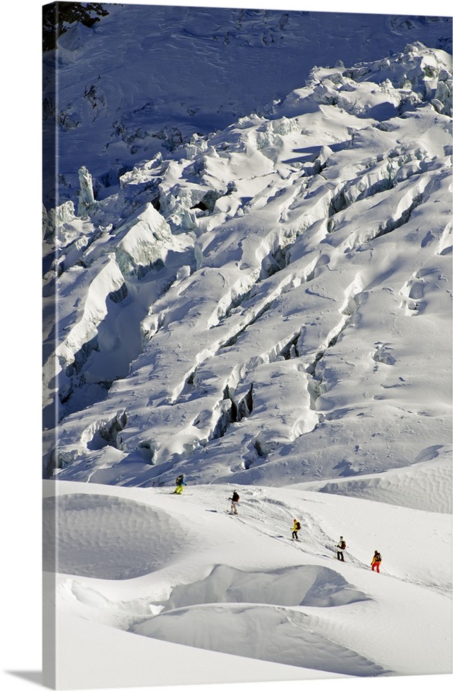 Europe, France, French Alps, Haute-Savoie, Chamonix, skiers in the Valle Blanche off piste ski area.