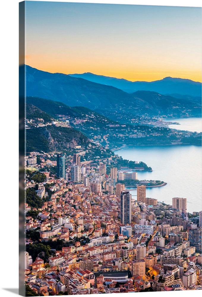 France, Provence-Alpes-Cote d'Azur, French Riviera, Alpes-Maritimes, Principality of Monaco. Monaco skyline at sunrise fro...