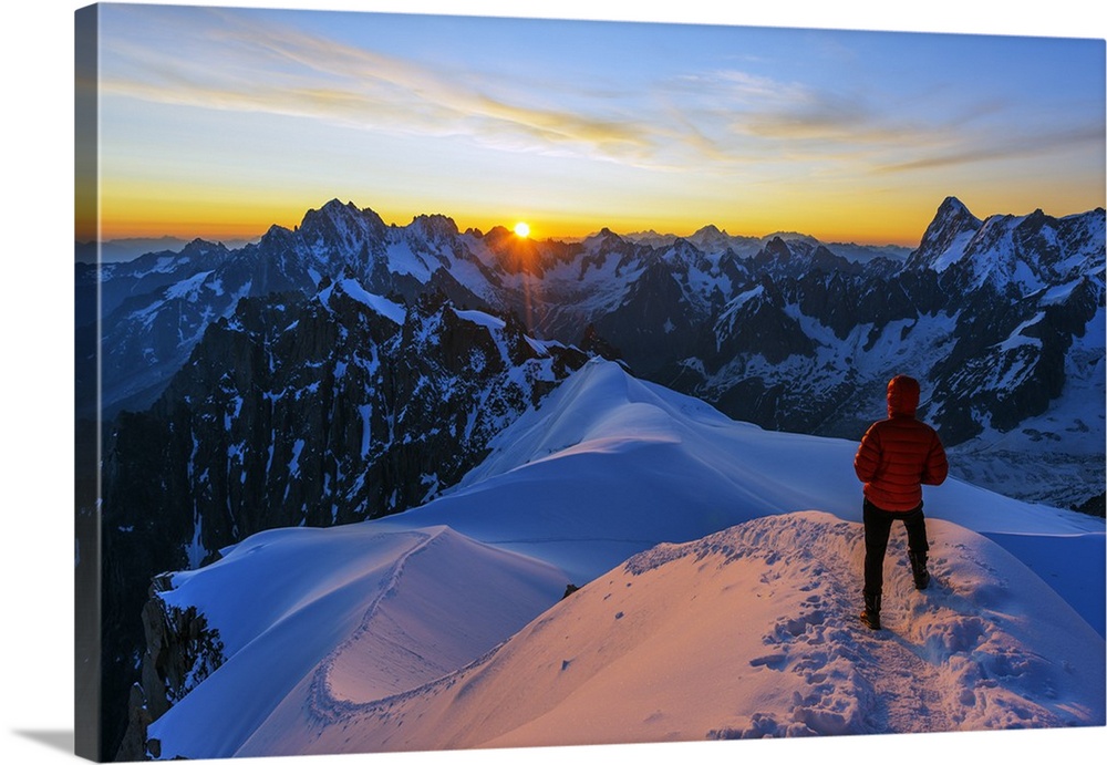 Europe, France, Haute Savoie, Rhone Alps, Chamonix, Aiguille du Midi snow arete, sunrise (MR).