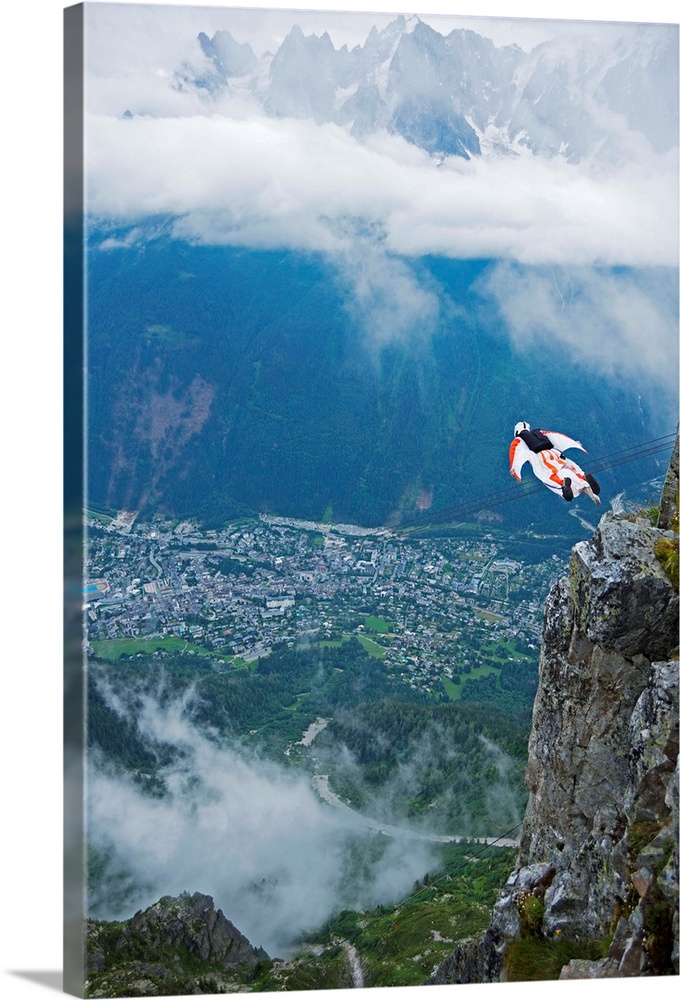 Europe, France, Haute Savoie, Rhone Alps, Chamonix Valley, base jumper at Brevant.