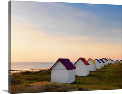France, Normandy, Gouville Sur Mer, Colourful Beach Huts At Dusk