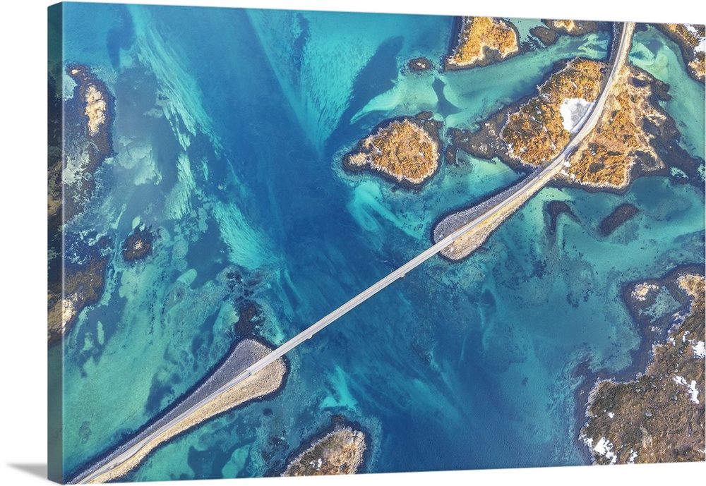 Overhead aerial view of Fredvang bridge crossing emerald waters of the fjord, Lofoten Islands, Norway, Scandinavia, Europe