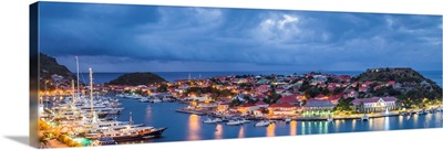 French West Indies, St-Barthelemy, Gustavia, Gustavia Harbor from Fort Gustave, dawn