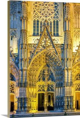 Front Facade Of Cathedrale Saint-Gatien Cathedral At Night, Indre-Et-Loire, France