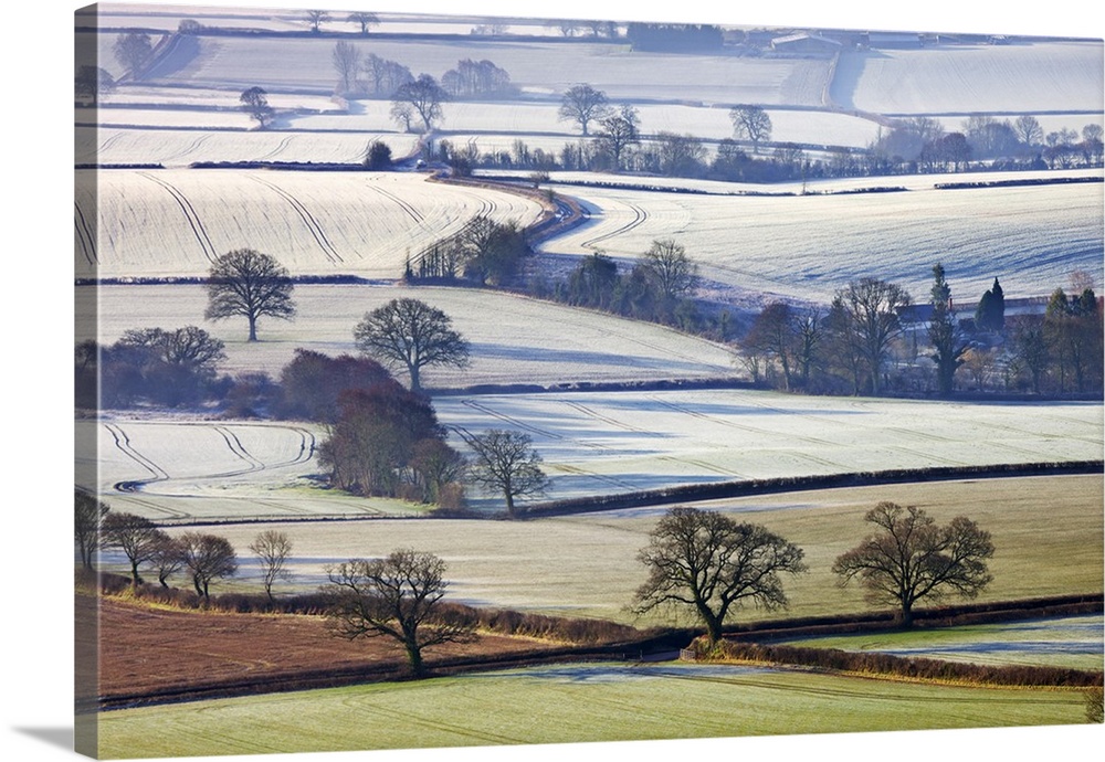 Frosted winter fields near Shobrooke, Devon, England. Winter, March, 2010.