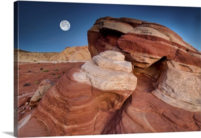 Full Moon Over Rock Formations, Valley Of Fire State Park, Nevada