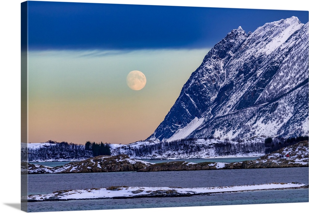 Full Moon Setting Over Lavollsfjorden In Winter, Senja, Norway