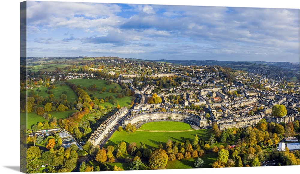 Aerial view over the Georgian city of Bath, Royal Victoria Park and Royal Cresent, Somerset, England
