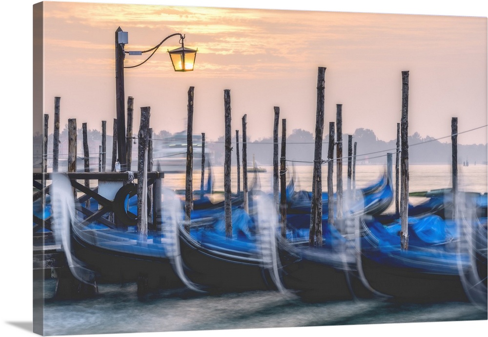 Gondolas in Venice at sunrise, Venice, Veneto, Italy