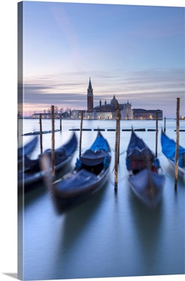 Gondolas On The Lagoon At Dawn, With San Giorgio Maggiore, Venice, Italy