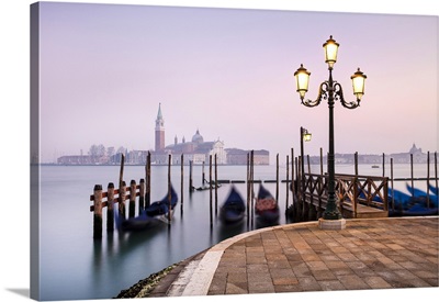 Gondolas On The Lagoon At Dawn, With San Giorgio Maggiore, Venice, Italy