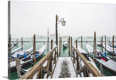 Gondolas With Snow At St Mark's Waterfront, Venice, Veneto, Italy.