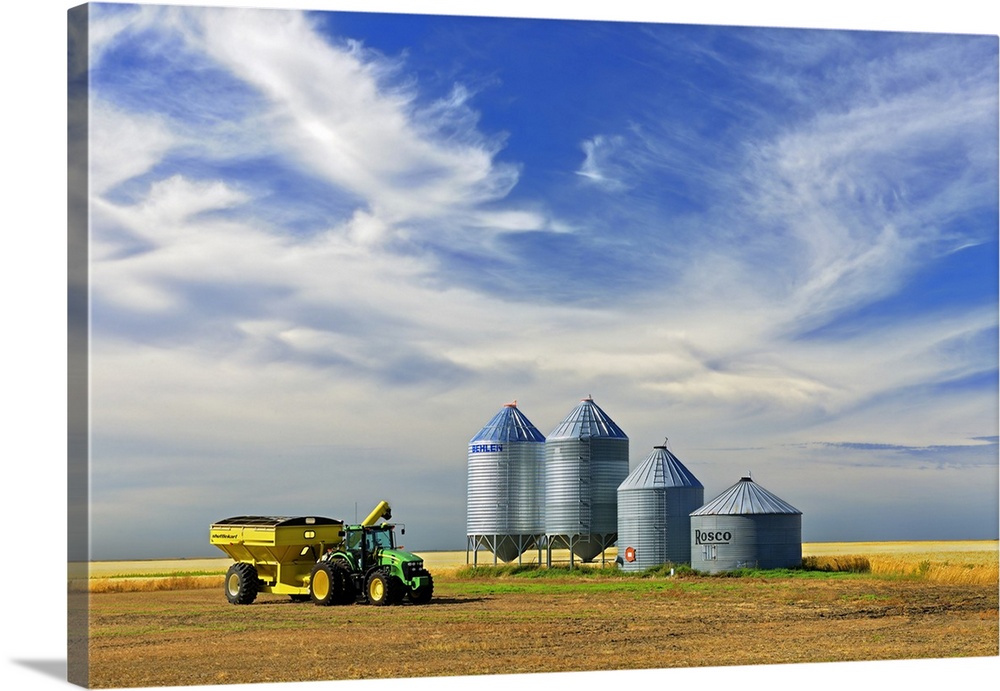 Grain Bins And Cart In Lentil Field, Lang, Saskatchewan, Canada