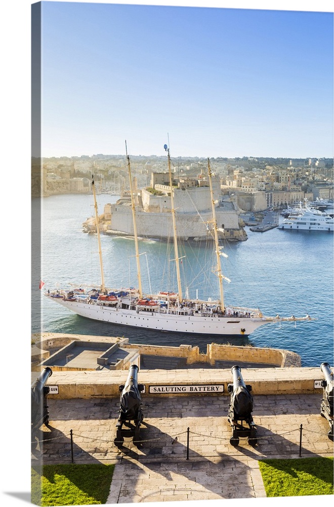 Malta, South Eastern Region, Valletta. The view across Grand Harbour to Fort St Angelo from the Saluting Battery at Upper ...