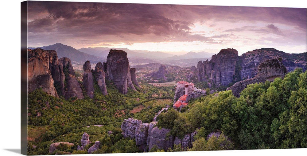 Greece, Thessaly, Meteora, Panoramic view of Meteora and Holy Monastery of Rousanou