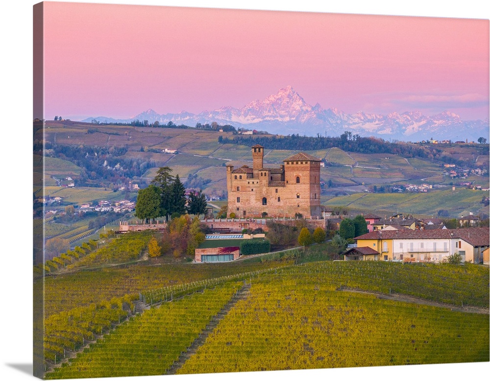 Grinzane Cavour castle during an autumn sunrise, Langhe, Unesco World Heritage site, Piedmont, Italy