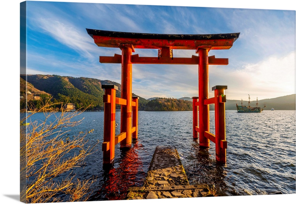 Hakone, Kanagawa Prefecture, Honshu, Japan. Red torii gate at lake Ashi.