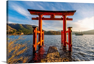 Hakone, Kanagawa Prefecture, Honshu, Japan, Red Torii Gate At Lake Ashi