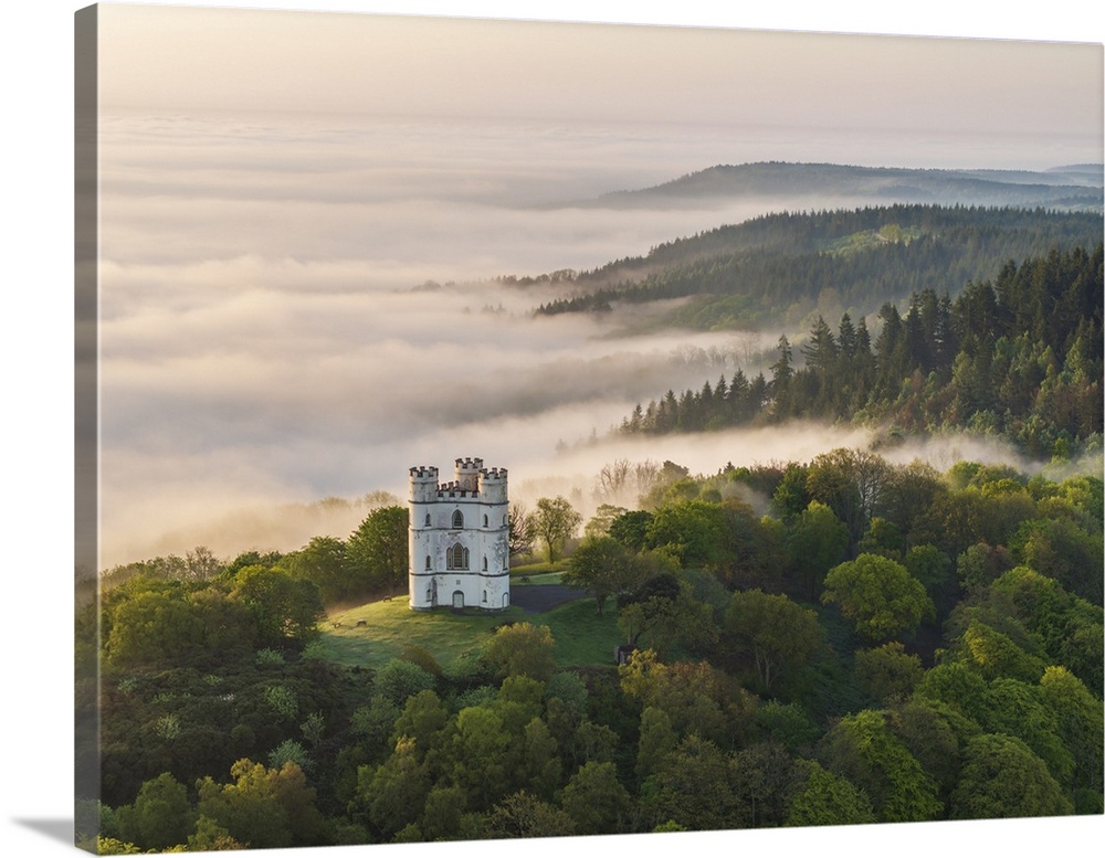 Haldon Belvedere (Lawrence Castle) at dawn on a misty morning in Devon, England.  Spring (May) 2024