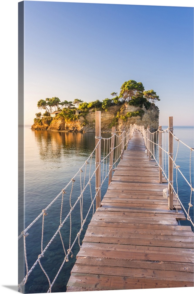 Hanging wooden bridge over the sea leading to Cameo Island, Agios Sostis, Zakynthos, Ionian Islands, Greece.
