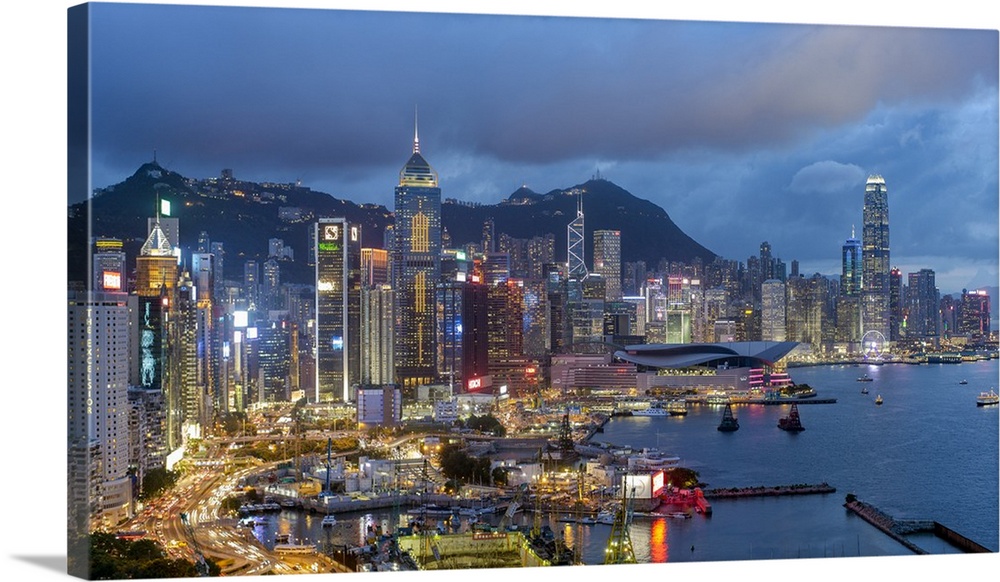 Elevated view, Harbour and Central district of Hong Kong Island and Victoria Peak, Hong Kong, China