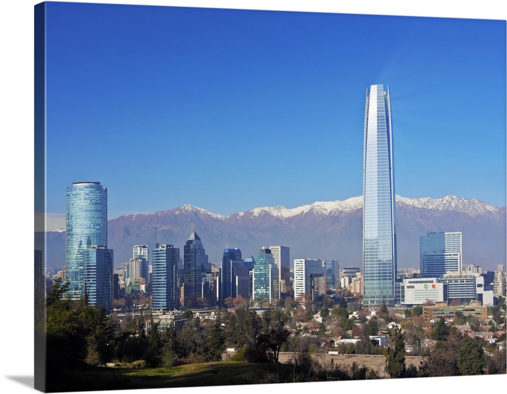 Chile, Santiago, View from the Parque Metropolitano towards the high raised buildings with Costanera Center Tower, the tal...