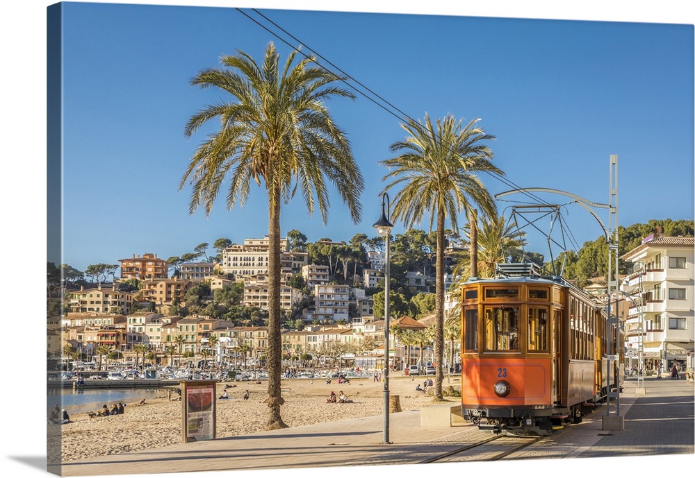 Historic tram on the waterfront promenade of Port de Soller, Mallorca, Balearic Islands, Spain