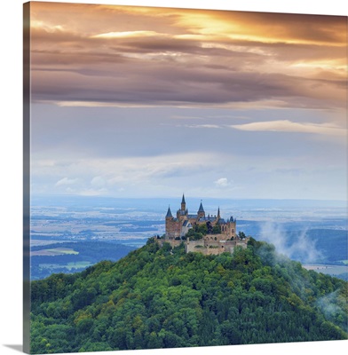 Hohenzollern Castle and countryside at sunset, Swabia, Baden Wuerttemberg, Germany