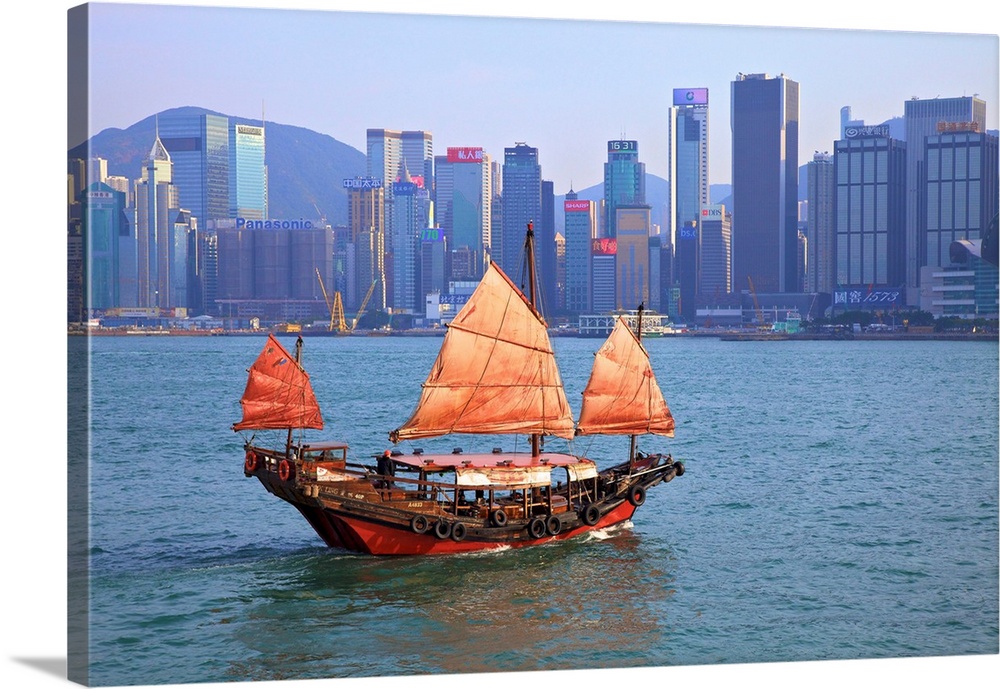 Hong Kong Harbour With Red Sailed Junk, Hong Kong, Special Administrative Region Of The People's Republic Of China