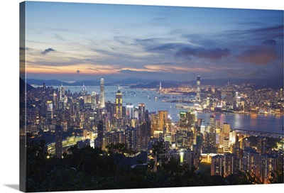 Hong Kong Island and Kowloon skylines at sunset, Hong Kong, China