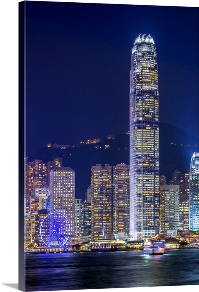 Hong Kong skyline, IFC Tower and skyscrapers on Hong Kong Island at night seen from Tsim Sha Tsui, Hong Kong Island, Hong ...