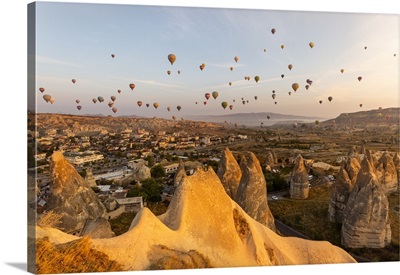 Hot Air Balloons Flying In The Sky Of Goreme, Capadocia, Anatolia, Turkey