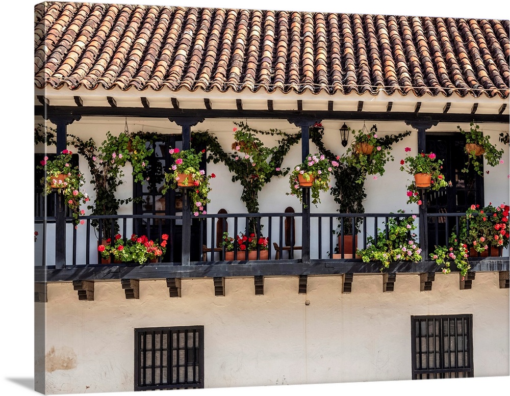 House with balcony at Main Square, Plaza Mayor, Villa de Leyva, Boyaca Department, Colombia.