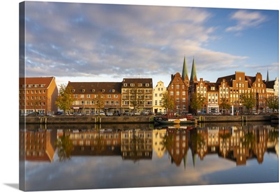 Houses On Trave River And St. Marienkirche Church, Lubeck, Schleswig-Holstein, Germany